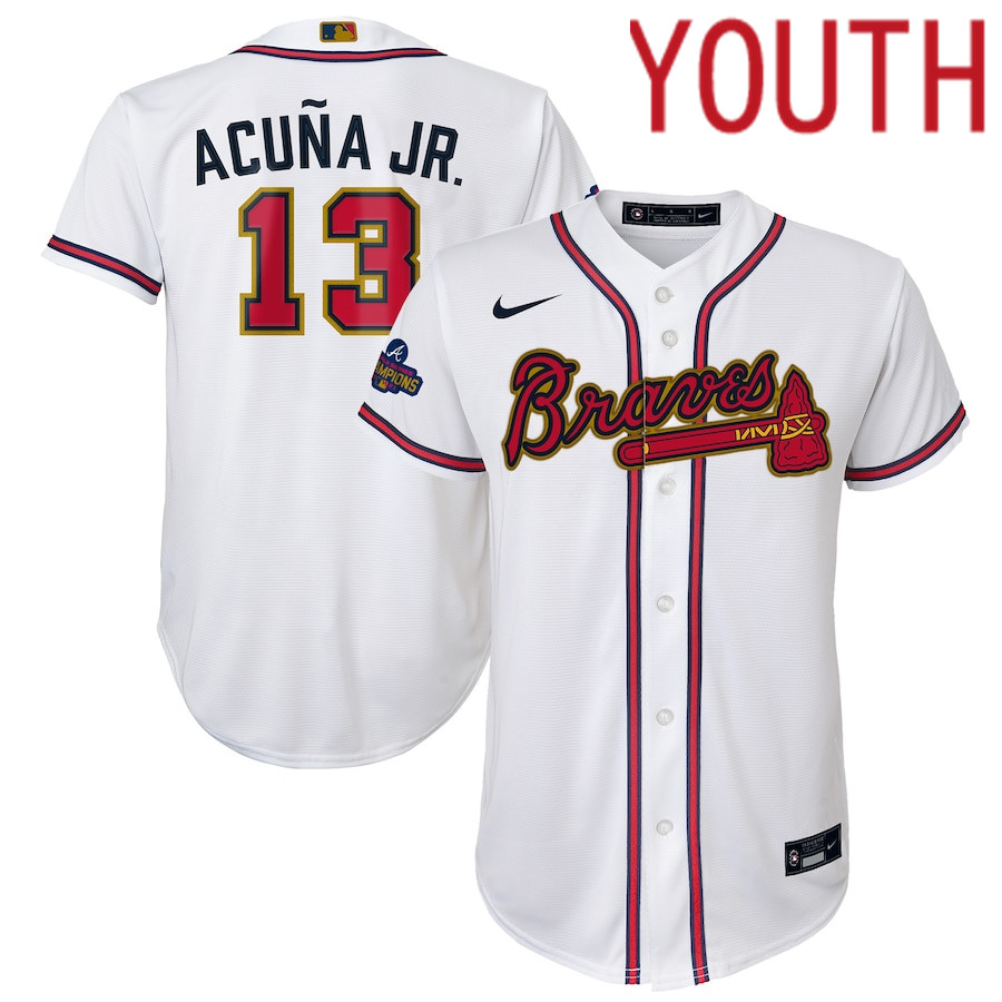 Custom Youth Atlanta Braves #13 Ronald Acuna Jr. Nike White 2022 Gold Program Replica Player MLB Jersey